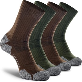 CWVLC Hiking Crew Socks, 4-Pack Men Women Boot Socks for Walking, Hunting, Camping, Winter Outdoor Work, Cosy Cushion, Moisture Wicking, Arch Compression, Anti Blister, Large, Green Brown