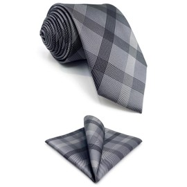 S1 SHLAX&WING Check Grey Men's Necktie 100% Silk, 3.1 x 58.7 inches (8 x 147 cm) tie + pocket