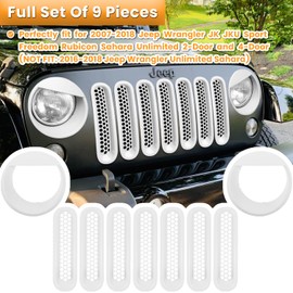 Front Grille Mesh Inserts & Headlight Cover for Jeep Wrangler JK JKU Sport Freedom Rubicon Sahara Unlimited 2007-2018 Exterior Accessories Clip-in Grille Guard Headlight Bezels Trim (Matte White)