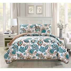 Fancy Collection 3pc Oversize Quilted Coverlet Bedspread Set New (King/California King, White, Brown, Teal Floral)