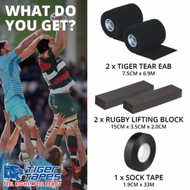 PHYSIQUE TIGERTAPES Rugby Lifting Kit - Rugby Lineout Lifting Tape, Lifting blocks, Eab Tear Tape, Taping Of Knees, Maximum Support for Rugby Players (Black Tape)