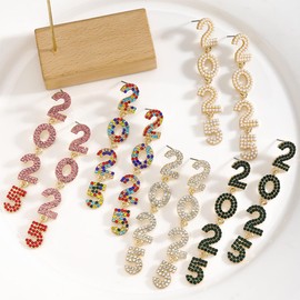 2025 Letters Rhinestone Dangle Earrings Happy New Year Earrings for Women New Year’s Eve Party Earrings Holiday Festive Jewelry Gift-White