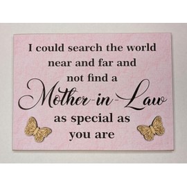 Mother-in-Law Sentimental Quote Decorative Magnet, Pink with wooden Butterflies, 11 cm x 8 cm