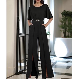 knowfashionstyle Elegant Jumpsuit For Women Dressy Casual Plus Size Wide Leg Pants Formal Jumpsuit Party One Piece Outfits Black L
