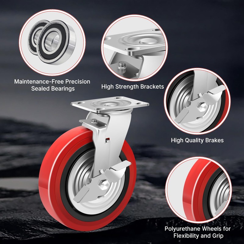 Nefish 8 Inch Heavy Duty Casters Wheels, Industrial Grade Polyurethane