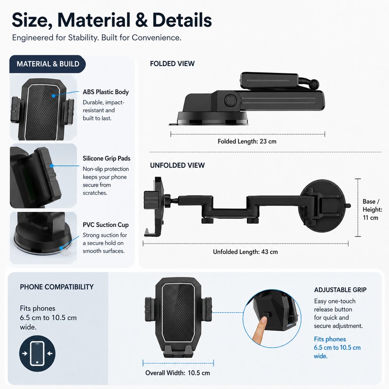 Adjustable Car Phone Mount with Suction Cup – Extendable Dashboard