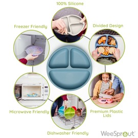 WeeSprout Silicone Plates with Lids for Babies & Toddlers (3 Pack) 100% Food-Grade Dishes for Self Feeding, Divided Design & Raised Edges for Picky Eaters, Dishwasher & Microwave Safe Weaning Supplies