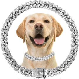 Silver Cat Chain Collar with Bling，Sparkly Diamond Metal Cuban Link Dog Collars, Rhinestone Glitter Puppy Necklace for Small Medium Large Pet Dogs Cats，8 inch
