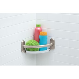 Moen LR2354DBN Bathroom Safety 9-Inch Curved Bathroom Grab Bar with Integrated Corner Shelf, Brushed Nickel
