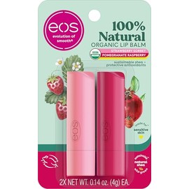 eos Bálsamo labial 100% natural, sorbete de fresa y granada, frambuesa, humedad durante todo el día, productos para el cuidado de los labios, 0.14 onzas, paquete de 2