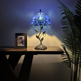 enjoy decor lamps Stained Glass Table Lamp Blue Baroque Style Included LED Bulb for Living Room Bedroom Bedside 10" W*10" D*20" H