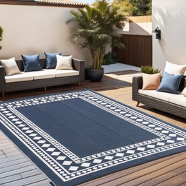 RURALITY Outdoor Rugs 5x8 Waterproof for Patios Clearance,Plastic Straw Mats for Backyard,Porch,Deck,Balcony,Black and Beige