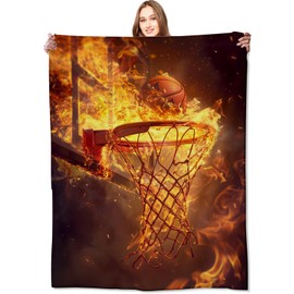 VODRM Fiery Basketball Blanket Dynamic Ball Hoop in Flames Throw Blankets,Birthday Gifts for Adult & Sport Lovers,Lightweight Soft Fleece for Sofa Couch Bed Room Travel Decor 50x60in