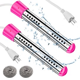 Treela 2 Pcs Immersion Water Heater Pool Heater for Above Ground Portable Electric Heater Submersible Hot Tub Heater with 304 SS Bathtub Bucket Basin Pool Heat 5 Gallon Water in Minutes(Pink, 1500W)