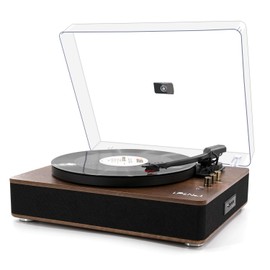 LP&No.1 Record Player with Stereo Speakers, 3-Speed Belt-Drive Turntable for Vinyl Records with Wireless Playback and Auto-Stop,Walnut Wood