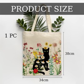 CharmBurst Black Cat Canvas Bag with Zipper Pockets, Vintage Flower Design, Cute Fabric Bag, Reusable Shopping Bag, Gift for Women