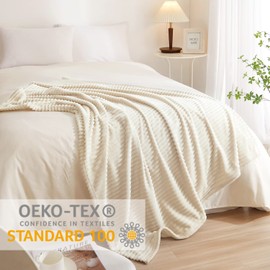 Geniospin Fleece Blanket Queen Size – 280GSM Super Soft Lightweight Bed Blanket with Strip, 3D Ribbed Jacquard, Plush Fuzzy Cozy Blanket Microfiber, Warm and Breathable (Ivory, 90x90 inches)