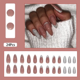 French Tip Press on Nails Long Almond Fake Nails Powder Sliver Glitter Design Glossy Acrylic Nails Decoration Full Cover Nail Tip Nude Pink False Nails for Women Girls Stick on Nails