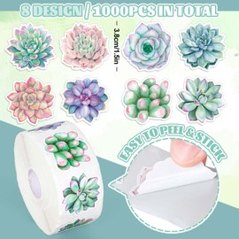 JarThenaAMCS 1000Pcs Succulent Cutout Stickers Roll Watercolor Plants Paper Decals 8 Designs Self Adhesive Decorative Seal Stickers for Envelope Journal Decor Summer Party Supplies