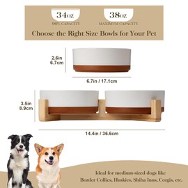 MALACASA Ceramic Dog Bowls Set with Wood Stand, 3.5 Cups Pet Bowls for Medium Dogs with Non-Slip Base, Large Puppies, Cats, Retrievers, ect.Pet Food & Water Basic Bowls Set, Weighted Glaze Matte.34 OZ