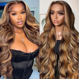 Shciyair Ombre Lace Front Wig Human Hair 200 Density Honey Blonde Wig Human Hair 4/27 13x4 Body Wave HD Lace Frontal Wig Human Hair Highlight Wig For Women 24 Inch