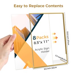 8 Pack Gold Acrylic Frames 8.5x11 Gold Acrylic Sign Holder Picture Frame Clear Slanted Back Acrylic Table Sign Holder 8.5x11 Flyer Document Brochure Display Stands for Office Wedding Party