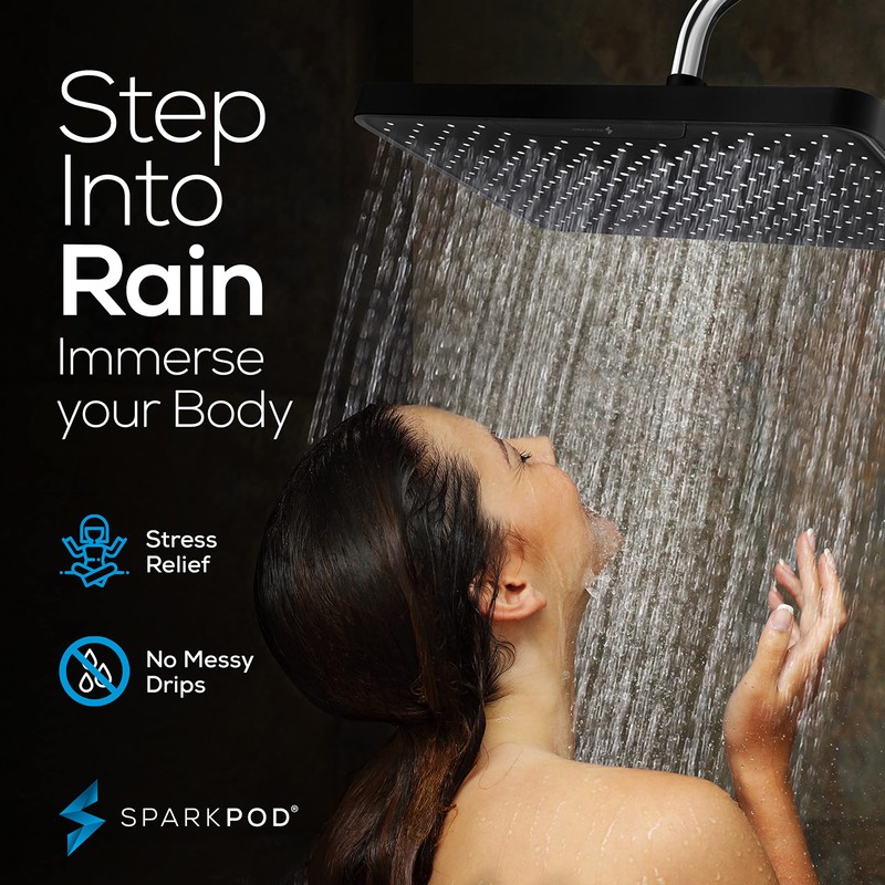 SparkPod 12 Inch Black Rain Shower Head - Ceiling or