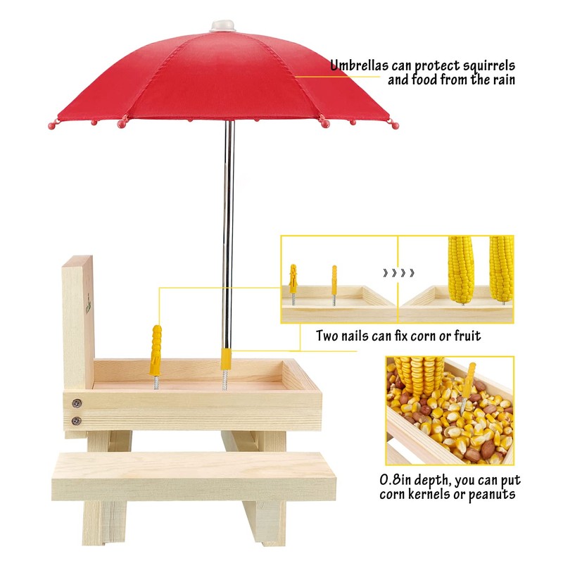 MIXXIDEA Squirrel Feeder Table with Umbrella, Wooden Squirrel Picnic Table