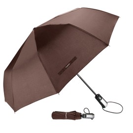 TradMall Travel Umbrella Windproof with 56 Inches Large Canopy Reinforced Fiberglass Ribs Ergonomic Handle Auto Open & Close, Brown