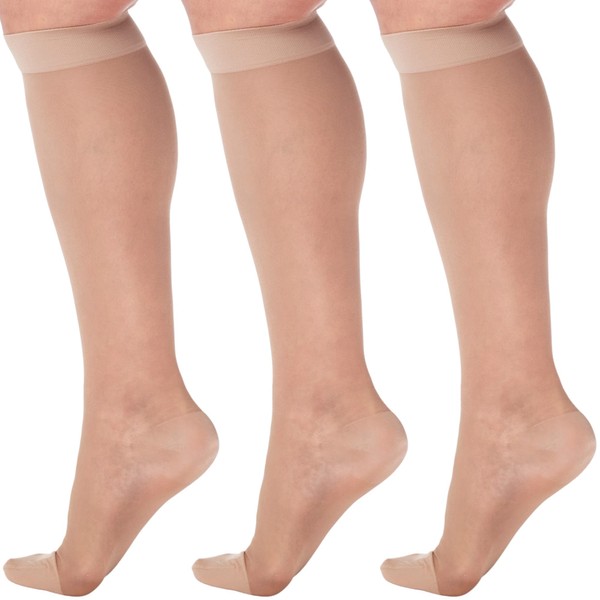 (3 Pairs) Made in USA - Plus Size Compression Stockings for Women 15-20mmHg - Womens Sheer Compression Knee High for Varicose Veins, Swelling, Pain Relief - Beige, 2X-Large - A101BE5-3