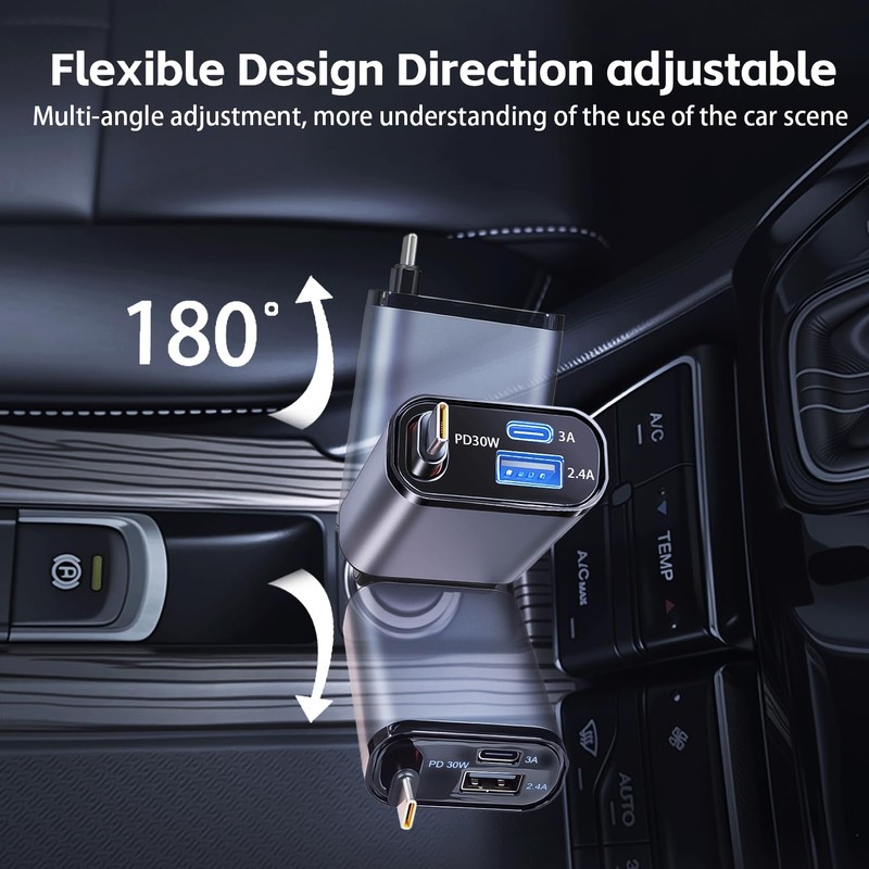 Retractable Car Charger 3 in 1 Fast Charging Type C