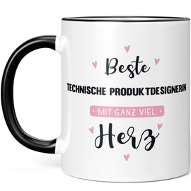 JUNIWORDS Tasse, Beste Technische Produktdesignerin, mit ganz viel Herz, Schwarz (6065757)