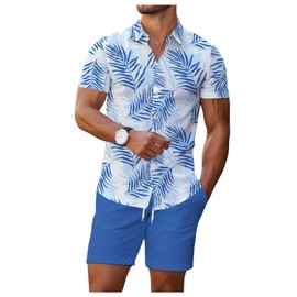 WDIRARA - Conjunto hawaiano a juego para hombre, 2 piezas, camisas y pantalones cortos con estampado tropical, Azul Royal, X-Large
