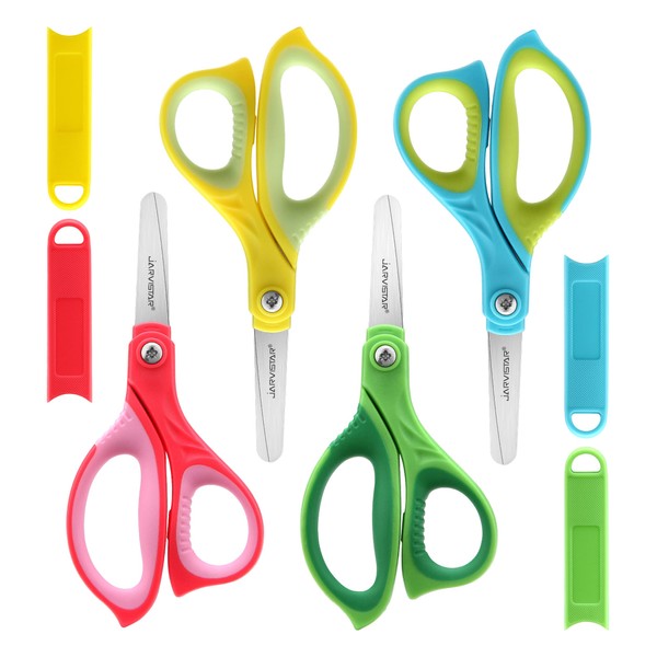 JARVISTAR Children's Scissors School Scissors: Pack of 4 Safety Scissors Rounded Blades with Protective Cover Craft Scissors Paper Scissors 13 cm (Green/Blue/Yellow/Red)