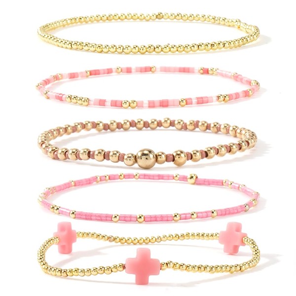 Bohxantium 14K Gold Plated Beaded Stretch Bracelets Stack Set for