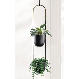 ABETREE Modern Metal Hanging Planter for Indoor Outdoor Plants with Hook 2 Tier Boho Wall and Ceiling Flower Pots Baskets Holder Home Office Decor(Black)