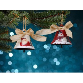 Kilipes Christmas Jingle Bell Ornaments Metal Bell Christmas Tree Hanging Ornaments with Burlap Ribbon Rustic Hand Painted Snowman Santa Xmas Hanging Decoration Holiday Decor (2)