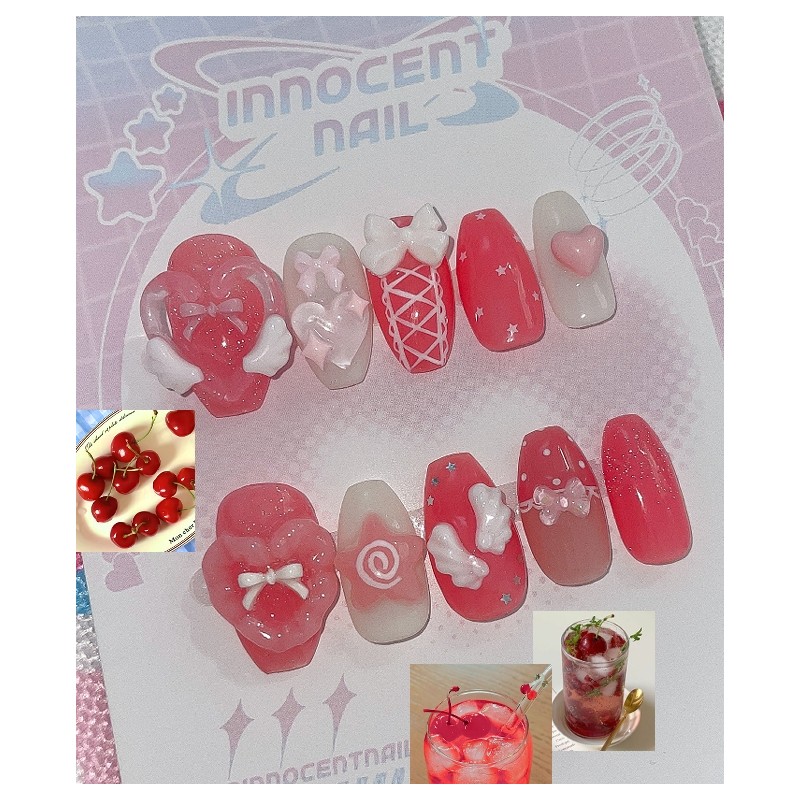 Cherry Peach Ade Handmade Nail Tips - Ballerina / 체리
