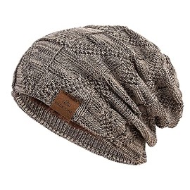 PAGE ONE Mens Winter Slouchy Beanie Warm Fleece Lined Skull Cap Baggy Cable Knit Hat Khaki