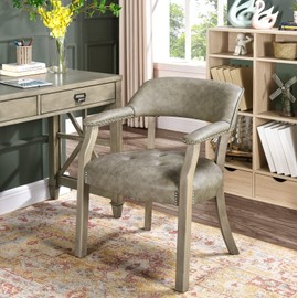 MODERION Solid Wood Dining Chairs with Upholstered,Office Desk Chair with Arms and Metal Rivets. PU Boss Captain's Chairs,Classic Accent Chairs for Dining Room,Grey Legs & Rhino Grey CY-NX173UA