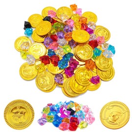 Pirate Treasure, Pirate Gold Coins, Pirate Treasure, Gold Coins Toy, Pirate Treasure Children's Birthday, 50 Gold Coins & 50 Gemstones, for Pirate Decoration Children's Birthday, Treasure Chest