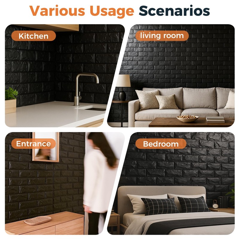 20 Pcs 3d Wall Panels Stick and Peel, Black Brick