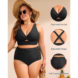 Women's Plus Size Two Piece Swimsuits - High Waisted Bikini Tummy Control Bathing Suits 2025 Twist Knot Swimwear Black 20W