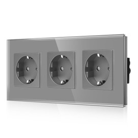 CNBINGO Glass Triple Socket Flush-Mounted in Grey - Triple Schuko Socket with Child Lock - 16 Amp Protective Contact Wall Socket with Glass Frame