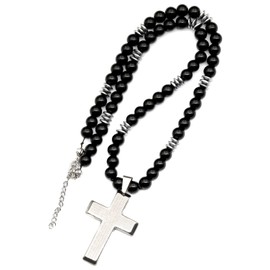 ElisaJewelryArt - Stainless Steel Cross Pendant Natural Black Onyx Beaded Necklace Genuine Gemstone Stamina Stone Clasp Closure Necklace Unisex Necklace (22, Black Onyx)