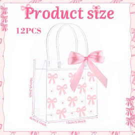 TELAIN 12 Pieces Pink Transparent Bags with Bow, Clear PVC Gift Bags with Handles, Pink Bows and Daisies, Party Gift Bags for Wedding, Birthday, Baby Shower, Valentine's Day, Mother's Day