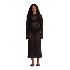 Gottex Women's Standard Beach Life Isabel Cover-Up Dress One-Size Fits Most, Shell-Like Crochet Pattern, High Neck, Long Sleeves, Black