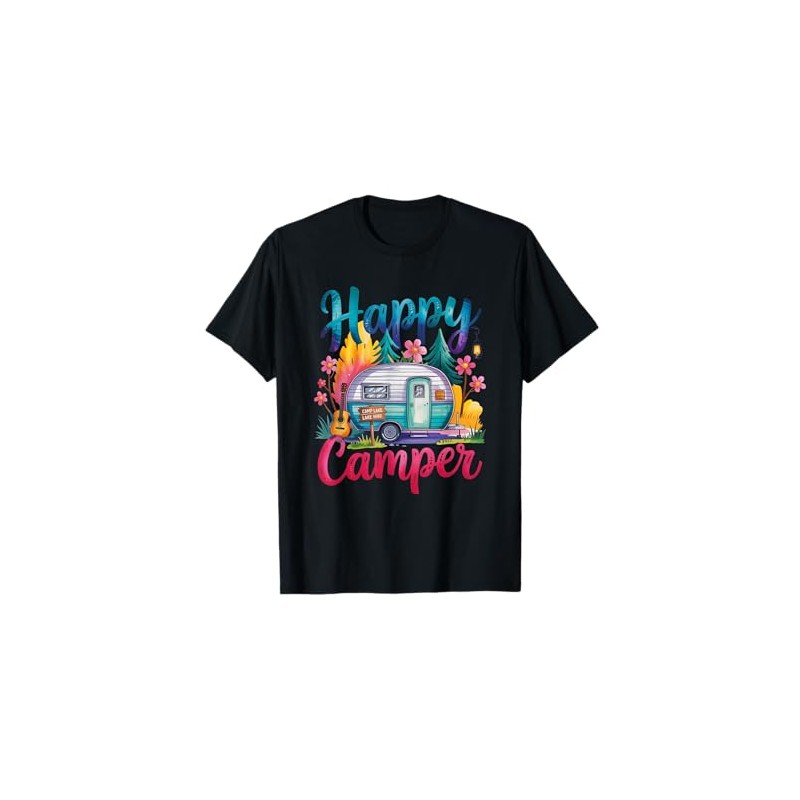 Funny Happy Camper Camping Apparel Trailer RV Kids Women T-Shirt