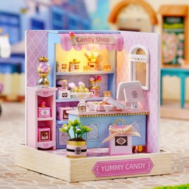 CUTEROOM DIY Miniatures Dollhouse Kit, Miniature House Kit, DIY Doll House Miniature Furniture Wooden House Kit with Dust Cover & LED Light and Accessories - New QT Series Dollhouse (QT045)