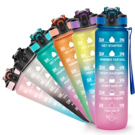 YC Kitchen 1 Litre Motivational Water Bottle with Time Marker, Leak-proof BPA Free Sports Water Bottles with Straw & Carrying Strap